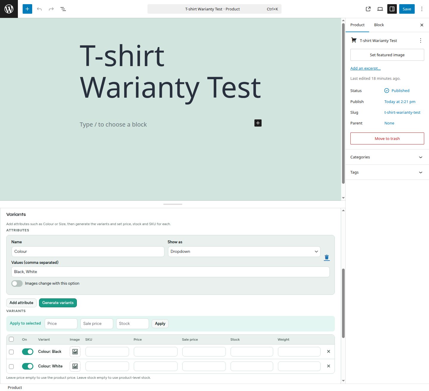 Product editor showing Colour attribute and generated Black and White variants