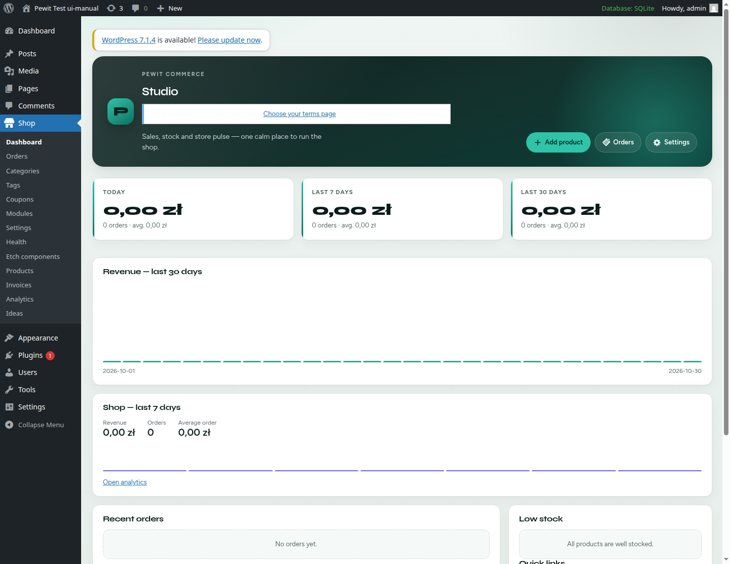 Pewit Studio shop dashboard with revenue cards and ink hero
