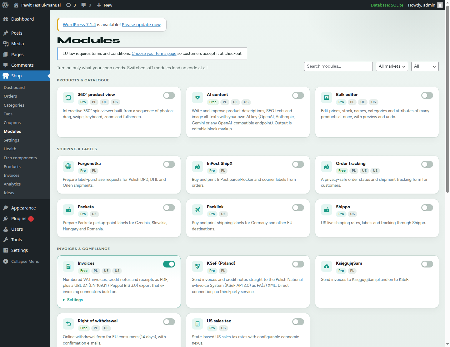 Modules screen with jade toggles for shipping and catalogue features