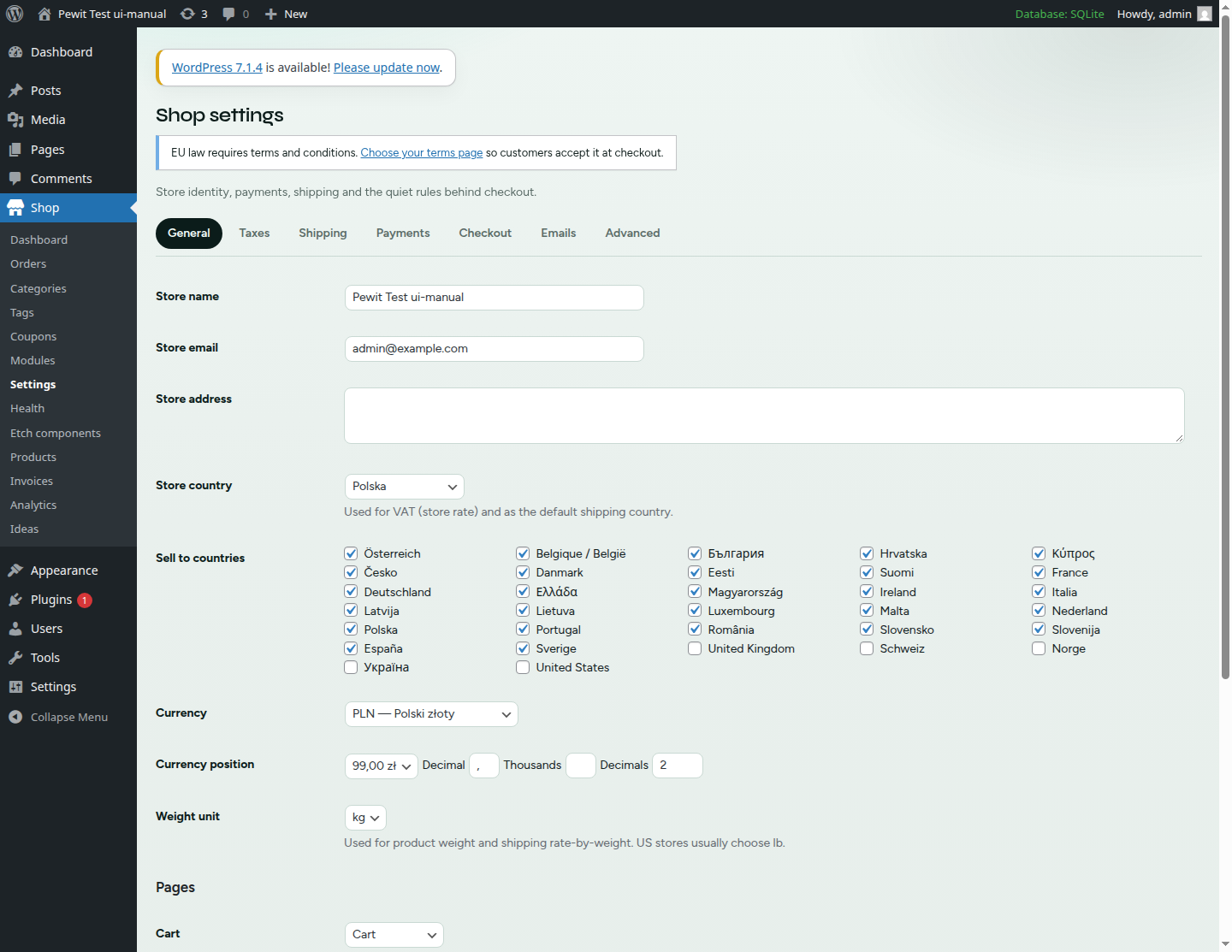 Shop settings with ink pill tabs for general, taxes, shipping and payments